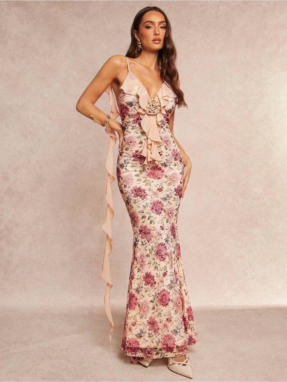 Selfie Leslie Pink Floral Ruffle V-Neck Maxi Dress